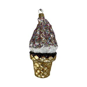 Christmas Ornament Ice Cream Gold Cone Mouth Blown Glass Vanilla Sprinkle Poland